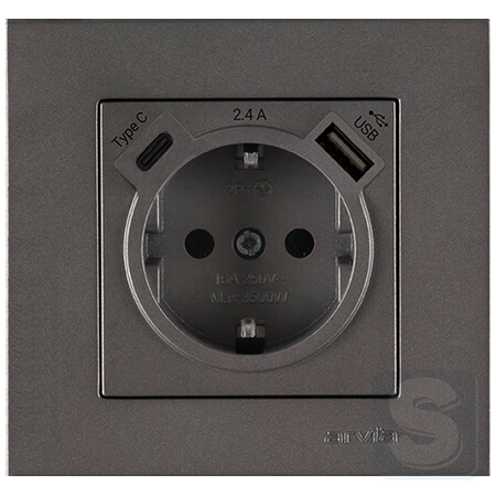 Розетка із заземленням та шторками USB-A + USB-C 5V-2.4A Arvia Electric KAREN Антрацит (20 06 2000 301)